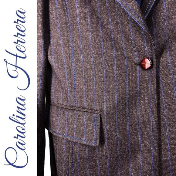 CAROLINA HERRERA Elegant Wool Cashmere Blend 1-Button Pinstriped Blazer, Size 12 - Picture 4 of 9